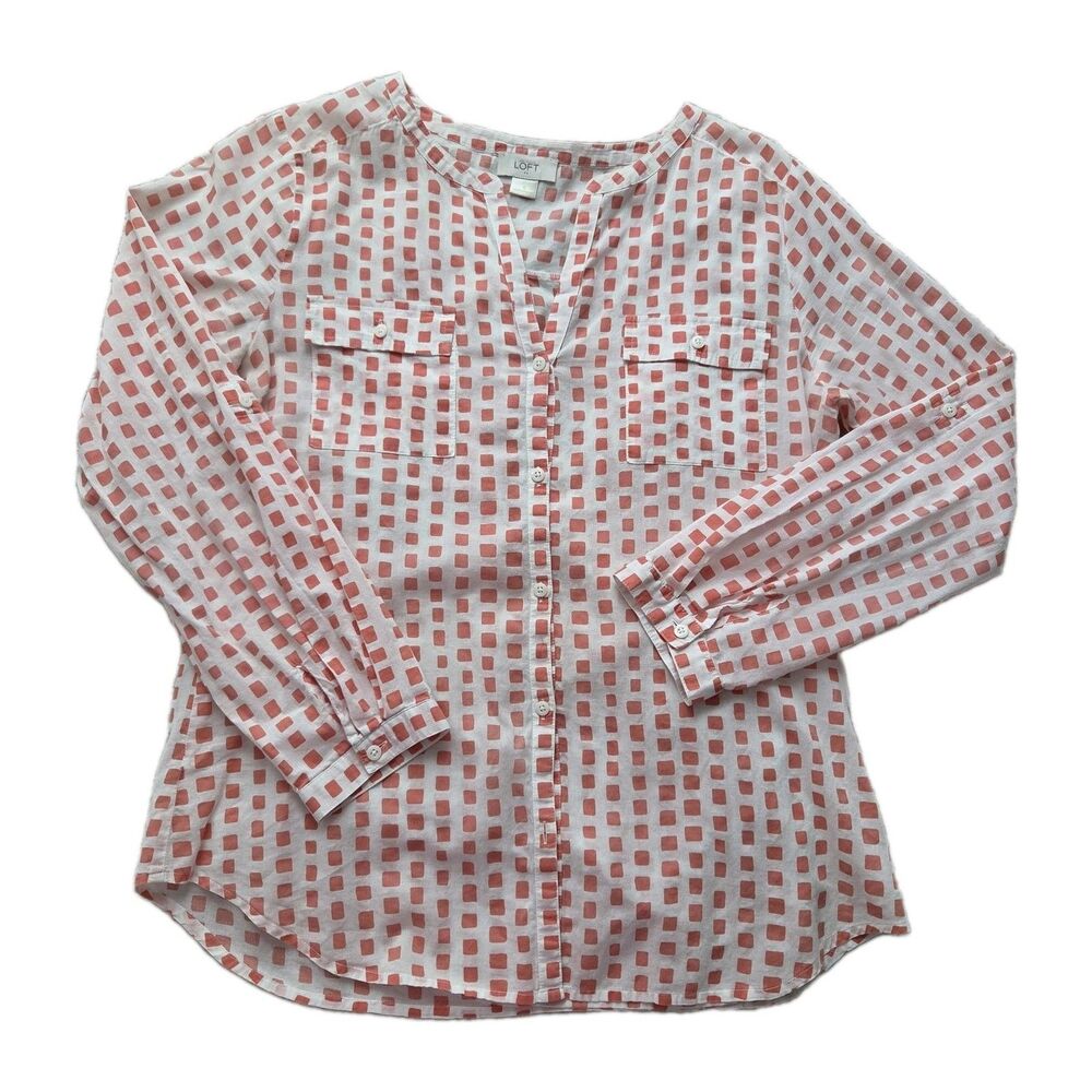 ANNE TAYLOR LOFT cotton Long Sleeve orange/white shirt / blouse women's size S